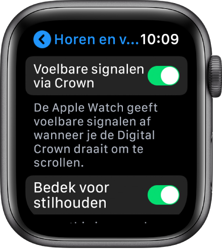 Het scherm 'Voelbare signalen via Crown', met de schakelaar 'Voelbare signalen via Crown' ingeschakeld.