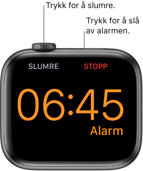 En Apple Watch som er plassert på siden, der skjermen viser at en alarm har ringt. Nedenfor Digital Crown står ordet «Slumre». Ordet «Stopp» står under sideknappen.