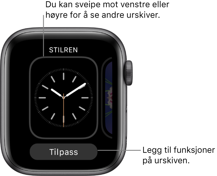 Når du trykker hardt på urskiven, ser du den gjeldende urskiven med Tilpass-knappen nederst. Du kan sveipe til venstre eller høyre for å se andre urskivealternativer. Trykk på Tilpass for å legge til funksjonene du vil ha.
