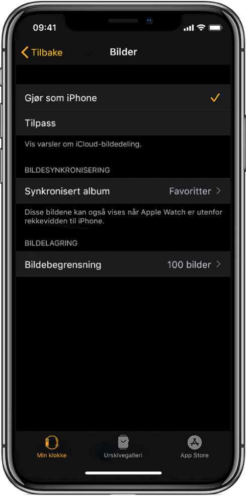 Bilder-innstillinger i Apple Watch-appen på iPhone, med Synkronisert album-innstillingen i midten og Bildebegrensning-innstillingen under.