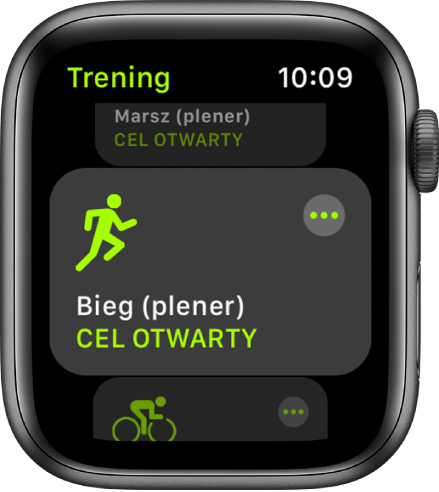 Ekran aplikacji Trening z wyróżnionym treningiem biegu w plenerze.