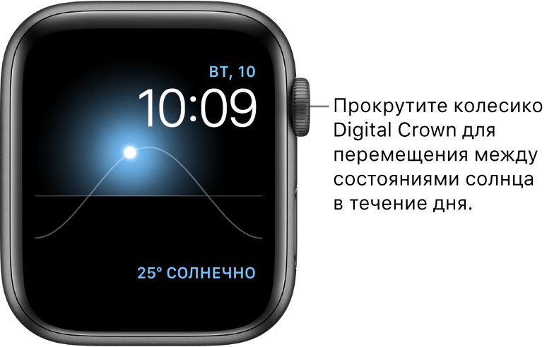 Циферблат «Солнечный», на котором отображается день, дата и время в данный момент. Эти элементы Вы не можете изменить. Расширение «Погода» в правом верхнем углу. Прокрутите колесико Digital Crown, чтобы изменить положение солнца на небе: в сумерках, на рассвете, в зените, на закате и в темноте.