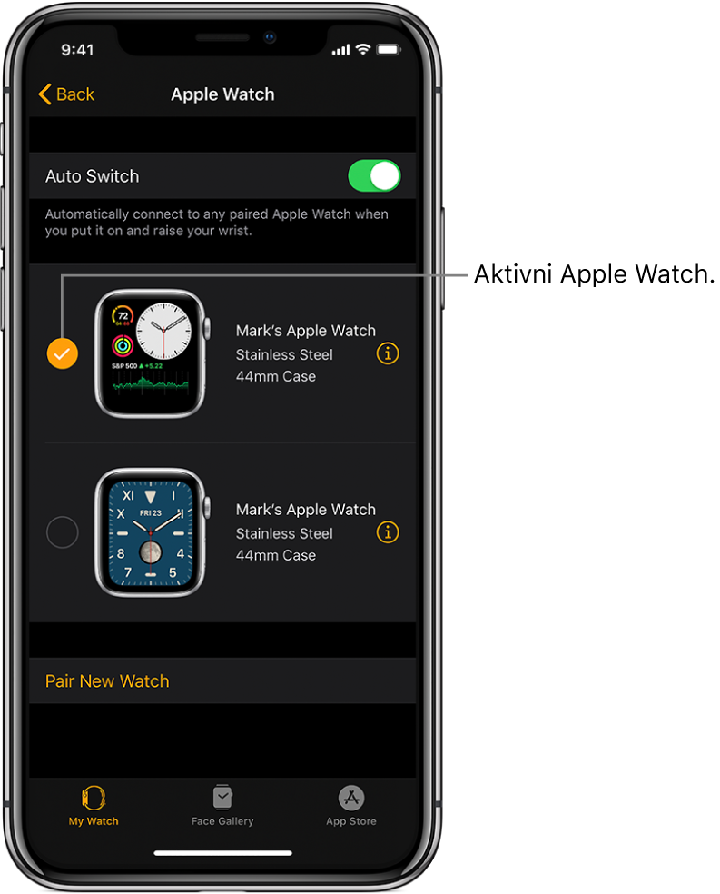 Kljukica pomeni, da je ura Apple Watch aktivna.