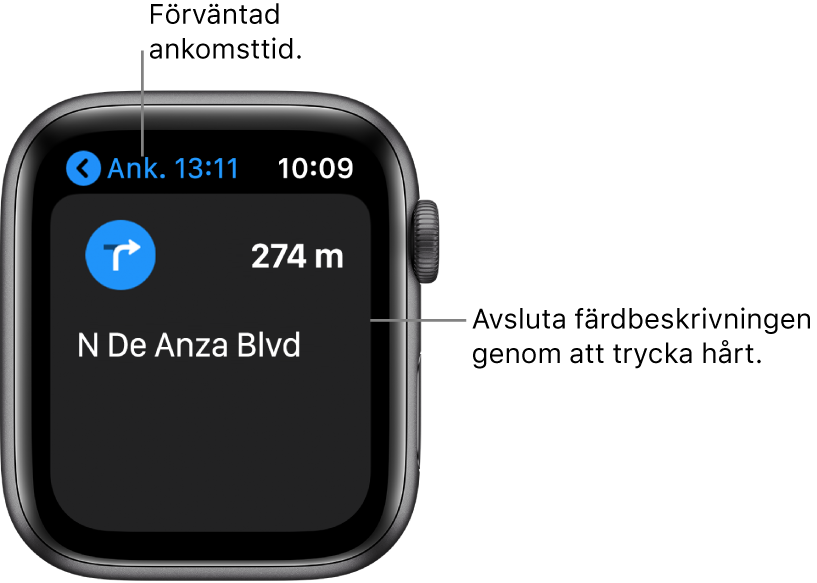 Appen Kartor visar beräknad ankomsttid uppe till vänster, namnet på gatan där du ska svänga nästa gång och avståndet tills du ska svänga. Ett streck pekar mot skärmen och har texten ”Tryck hårt för att stoppa färdbeskrivningen”.