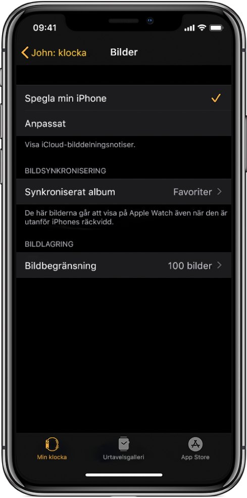 Bilder-inställningar i Apple Watch-appen på iPhone. Inställningen Synkat album finns i mitten och under den inställningen Bildbegränsning.