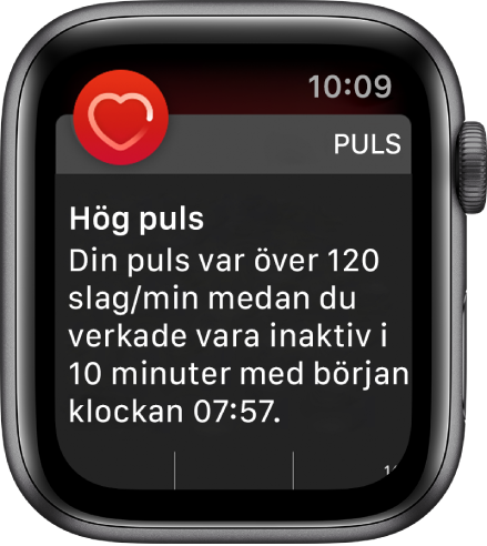 Skärmen Hög puls med ett meddelande om att din puls har överskridit 120 slag/minut samtidigt som du har varit inaktiv under 10 minuter.