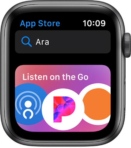 App Store uygulamasını gösteren Apple Watch. Aşağıda bir uygulama koleksiyonu ile ekranın en üst tarafında bir arama alanı görünür.