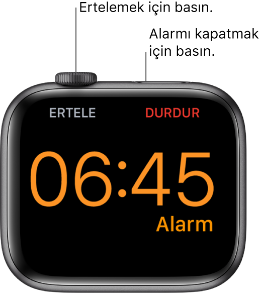 Çalan bir alarmı gösteren ekranıyla yan yerleştirilmiş bir Apple Watch. Digital Crown’un altında “Ertele” sözcüğü var. “Durdur” sözcüğü, yan düğmenin altında.
