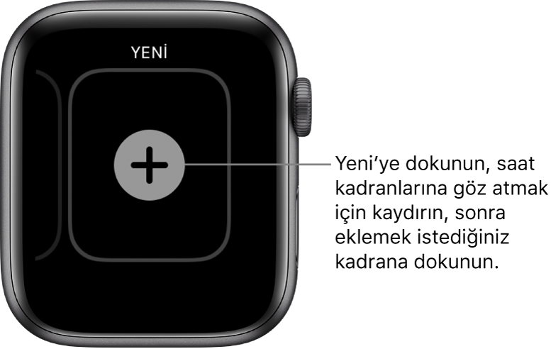 Ortasında artı düğmesi bulunan yeni saat kadranı ekranı. Yeni bir saat kadranı eklemek için dokunun.