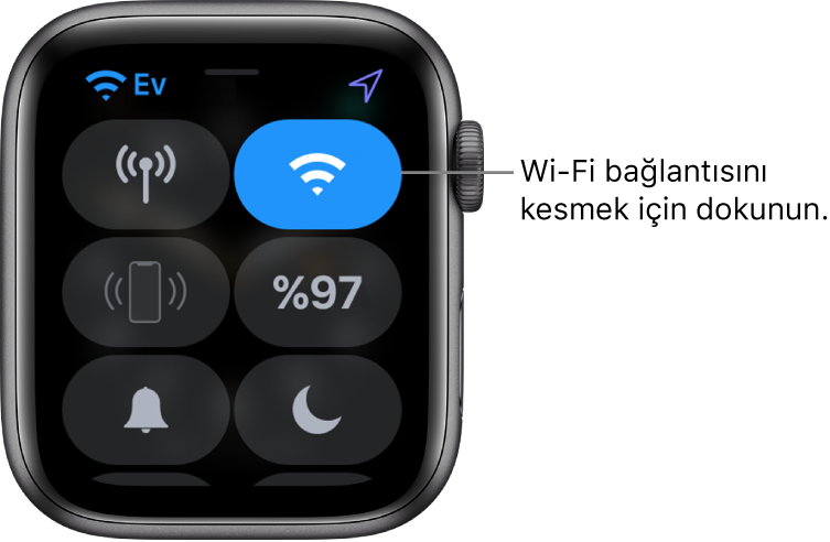Wi-Fi düğmesi sağ üstte olmak üzere Apple Watch’taki (GPS + Hücresel) Denetim Merkezi. Belirtme çizgisinde “Wi-Fi bağlantısını kesmek için dokunun” yazıyor.