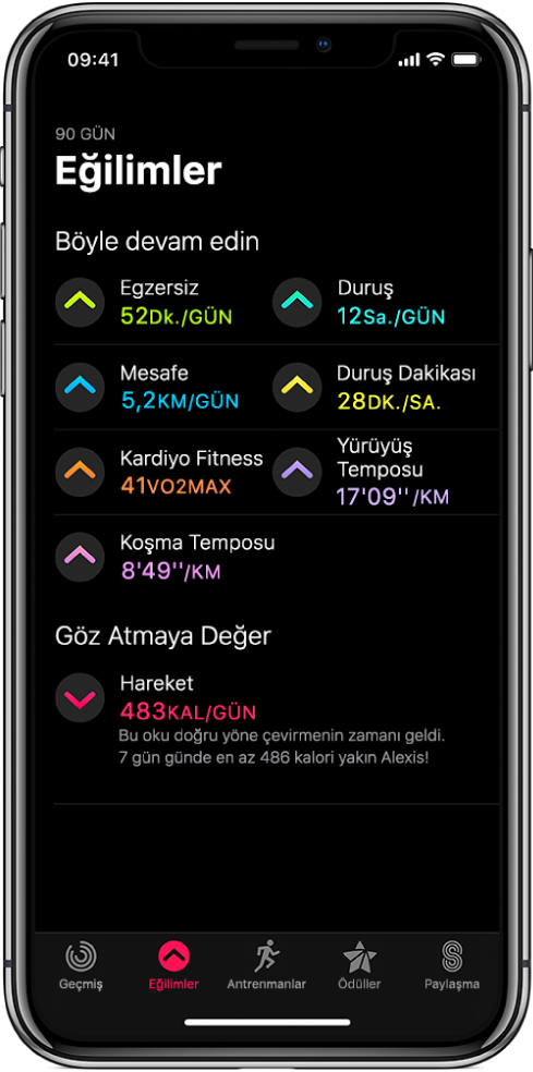 iPhone’daki Aktivite uygulamasında Trendler sekmesi. Ekranın üst tarafına doğru Trendler başlığı altında birkaç ölçü görünür. Ölçüler Egzersiz, Duruş, Mesafe vb. içerir. Bakmaya Değer başlığı altında hareket görünür.