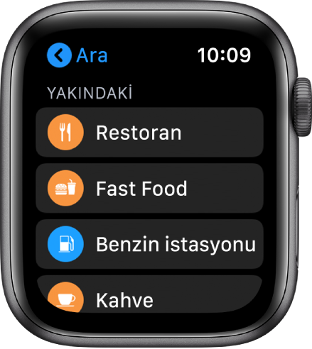 Kategori listesini gösteren Harita uygulaması: Restoranlar, Fast Food, Benzin İstasyonları, Kahve vb.