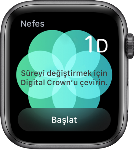 Sağ üstte bir dakikalık süreyi ve alt kısımda Başlat düğmesini gösteren Nefes uygulaması ekranı.