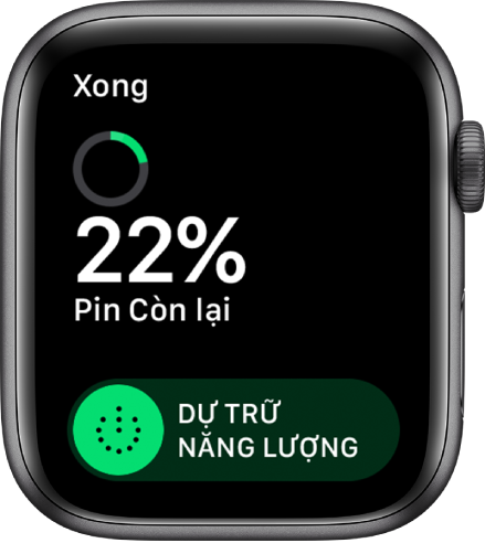 Màn hình Dự trữ năng lượng đang hiển thị nút Xong ở trên cùng bên trái, phần trăm pin còn lại và thanh trượt Dự trữ năng lượng.