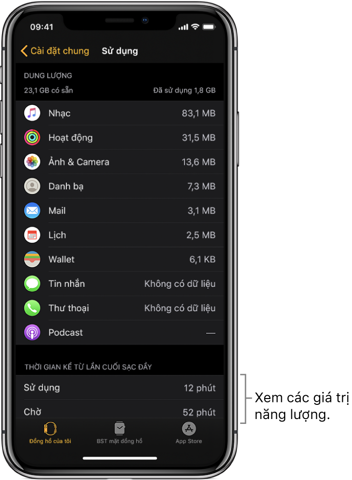 Trên màn hình Sử dụng trong ứng dụng Apple Watch, xem các giá trị năng lượng dùng cho Sử dụng, Chờ và Dự trữ năng lượng ở nửa dưới của màn hình.