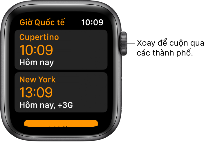 Ứng dụng Giờ quốc tế với danh sách các thành phố và thanh cuộn.