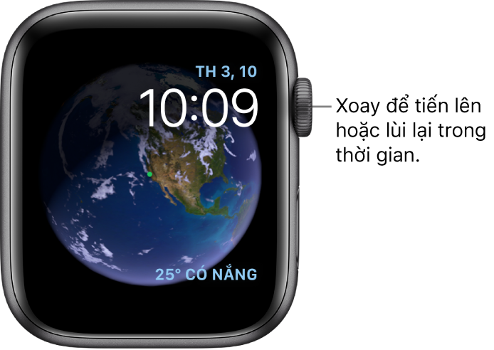 Mặt đồng hồ Thiên văn, hiển thị thứ, ngày và giờ hiện tại. Tổ hợp Thời tiết ở dưới cùng bên phải. Xoay Digital Crown để di chuyển về phía trước hoặc phía sau trong thời gian.