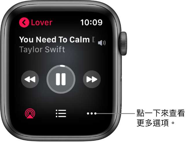 「音樂」App 中的「播放中」畫面。專輯名稱位於左上方。歌曲標題和藝人位於上方、播放控制項目位於中央,而 AirPlay、音軌列表和「選項」按鈕位於底部。