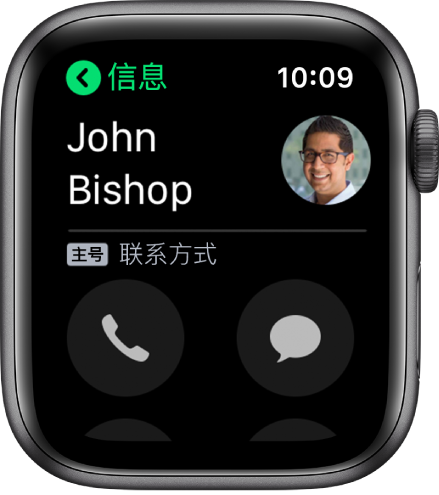 显示联系人以及“呼叫”和“信息”按钮的“电话”屏幕。