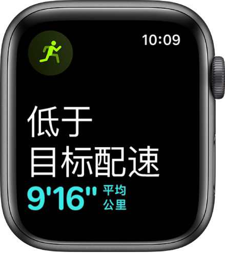 “体能训练”屏幕,显示您的跑步速度落后于目标配速。