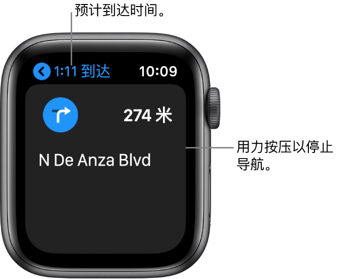 “地图” App 在左上方显示预计到达时间、下次转向时的街道名称以及转向前行驶的距离。指向屏幕的标注显示“用力按压以停止导航”。