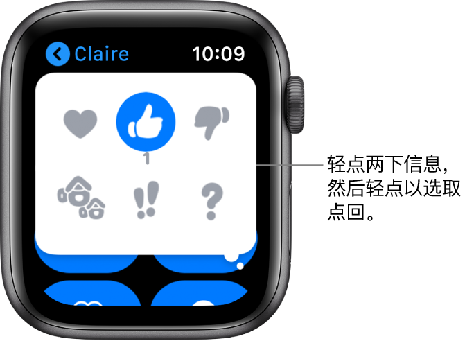 “信息”对话中的点回选项:比了个心、大拇指朝上、大拇指朝下、哈哈、!! 和 ?。