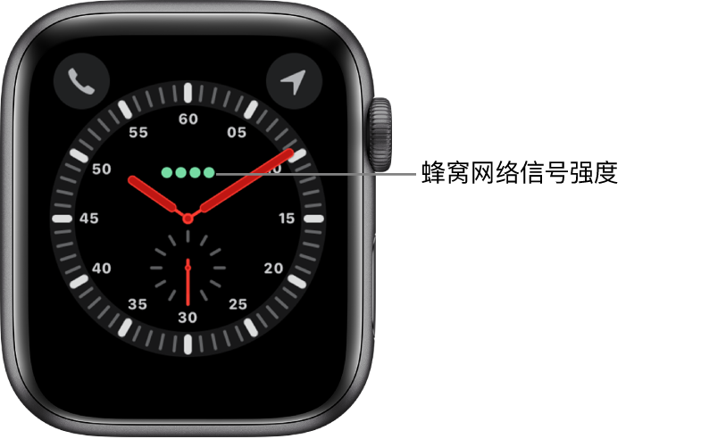 “探索者”表盘是一个模拟时钟。表盘中心正上方是四个绿色圆点,表示蜂窝网络信号强度。