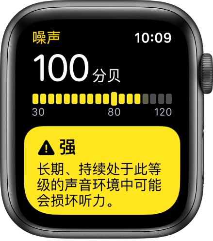 显示 100dB 分贝“噪声”屏幕。下方为警告。
