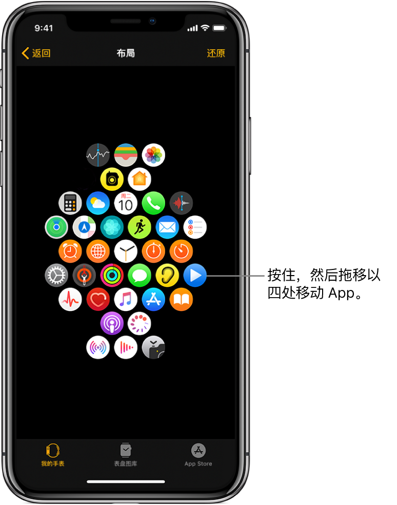 Apple Watch App 中的“布局”屏幕,按网格显示图标。指向某个 App 图标的标注,内容是“按住,然后拖移以四处移动 App。”