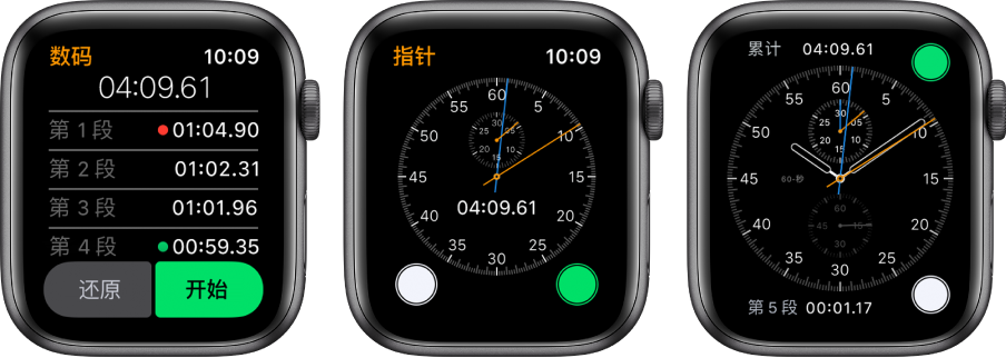 三个表盘显示三种类型的秒表:“秒表” App 中的数码秒表、App 中的指针秒表以及“计时码表”表盘中可用的秒表控制。