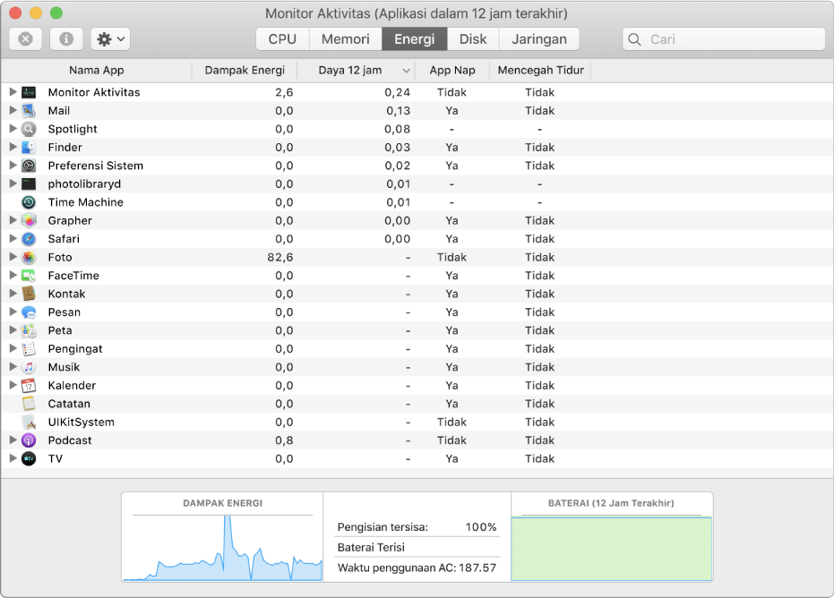 Panel Energi Monitor Aktivitas. Panel menampilkan daftar app, dengan informasi mengenai penggunaan energi tiap app ditampilkan dalam kolom. Di bagian bawah jendela terdapat grafik yang menampilkan dampak energi keseluruhan.