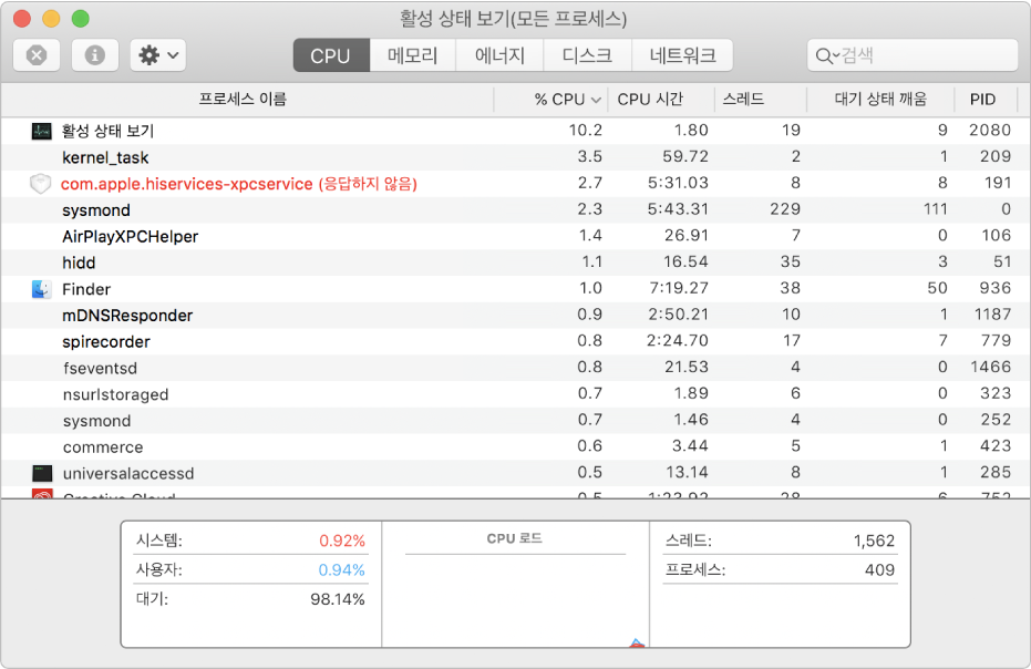 활성 상태 보기 윈도우에 있는 응답이 없는 프로세스.