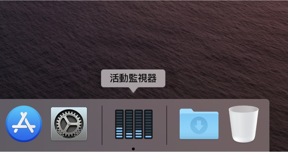 Dock 中的「活動監視器」圖像，顯示磁碟活動。