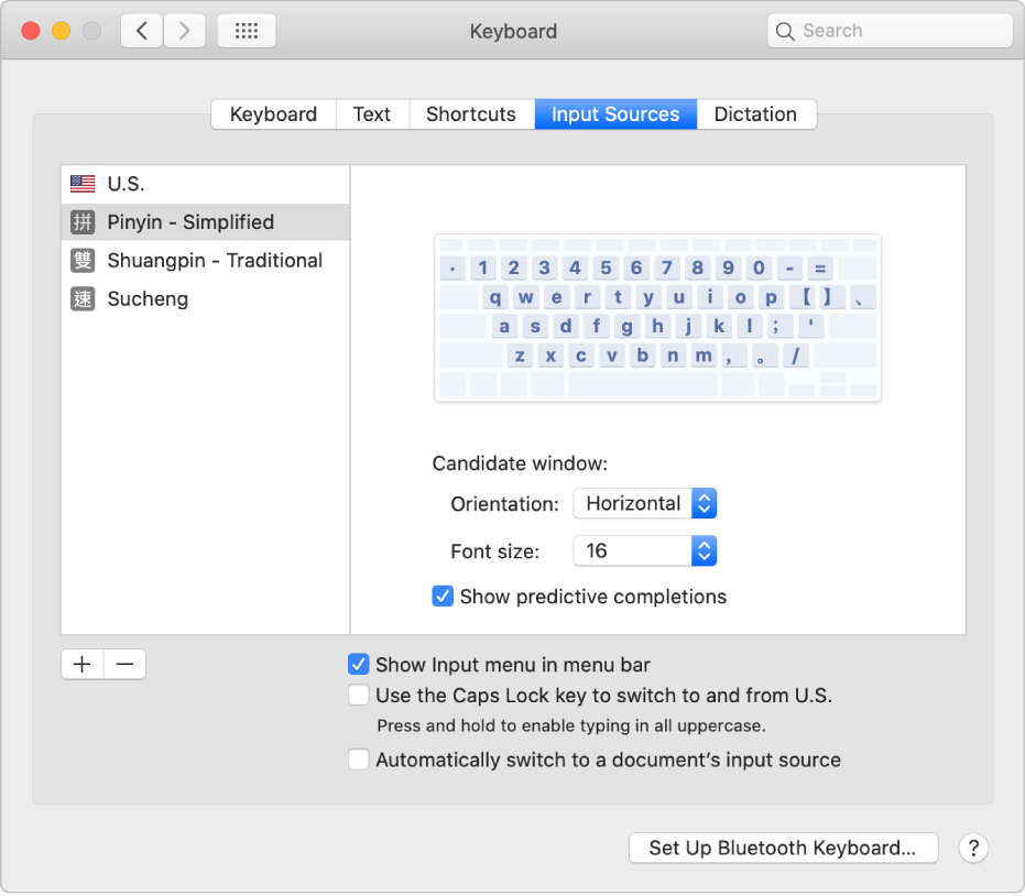 The Input Sources pane of Keyboard preferences, where you can add or remove input sources for different languages (U.S., Pinyin - Simplified, Shuangpin - Traditional,  and Sucheng are shown in the list on the left) and choose other options.