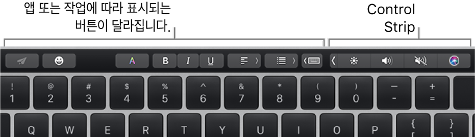 왼쪽에는 앱이나 작업에 따라 달라지는 버튼이 있는 Touch Bar가 키보드 상단에, 오른쪽에는 축소된 Control Strip이 있습니다.