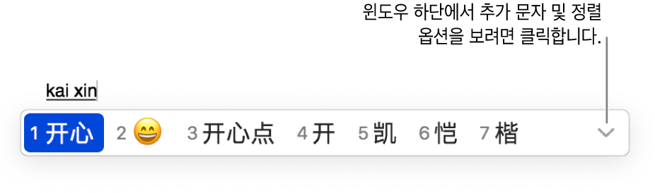 kaixin(행복)을 입력한 후의 후보 한자 윈도우. 중국어(간체)로 행복을 나타내는 첫 번째 후보 한자. 행복한 얼굴 이모티콘을 나타내는 두 번째 후보 한자. 추가 옵션에 대한 윈도우 하단에 정렬 옵션을 표시하려면 펼침 삼각형을 클릭하십시오.