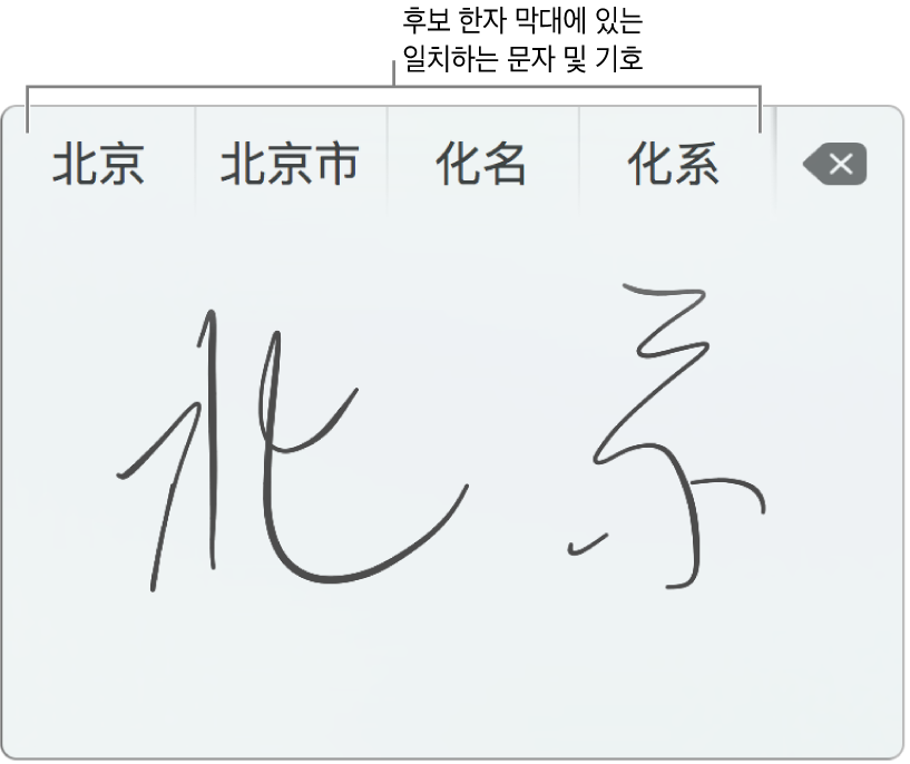 중국어 간체로 베이징을 쓴 후의 트랙패드 손글씨 윈도우. 트랙패드에서 자획을 그릴 때 후보 한자 막대(트랙패드 손글씨 윈도우 상단에 있음)는 가능한 일치하는 문자와 기호를 표시합니다. 후보 한자를 살짝 눌러 선택합니다.