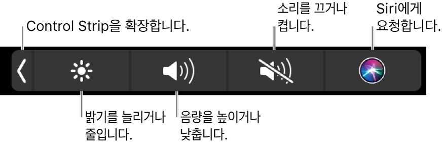버튼이 있는 축소된 Control Strip, 왼쪽에서 오른쪽까지 Control Strip을 확장하여 디스플레이 밝기 및 음량을 늘리거나 줄이고 소리를 끄거나 켜고 Siri에게 물어볼 수 있습니다.