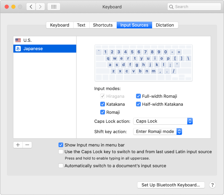 The Input Sources pane of Keyboard preferences, where you can add or remove input sources for different languages (U.S. and Japanese are shown in the list on the left) and choose other options.