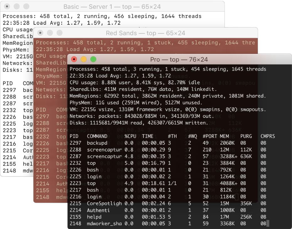 Three Terminal windows, each with a different background colour.