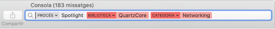 Camp de cerca a la finestra de la Consola, amb els criteris de cerca definits per buscar missatges del procés Spotlight, però no de la biblioteca QuartzCore ni de la categoria Xarxa.