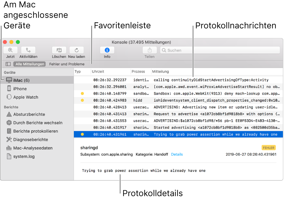 Im Fenster „Konsole“ sind links die an deinen Mac angeschlossenen Geräte und rechts die Protokollmeldungen zu sehen. Die Protokolldetails werden unten im Fenster angezeigt. Das Fenster umfasst außerdem eine Favoritenleiste mit den von dir gesicherten Suchen.