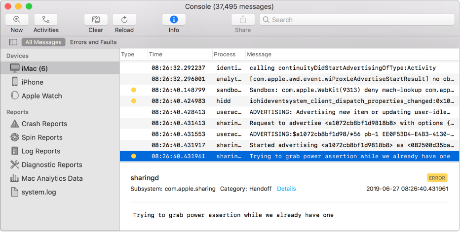 The Console window with a log message selected and details in the bottom pane.