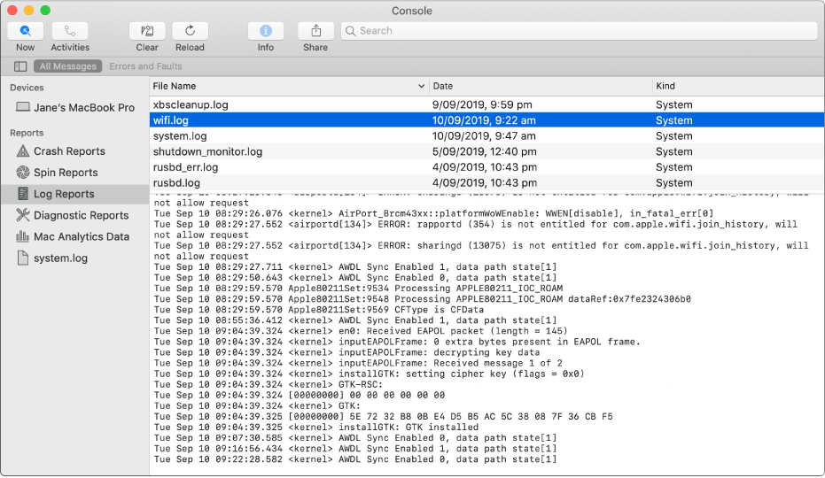 The Console window with the wifi.log report selected and details below.