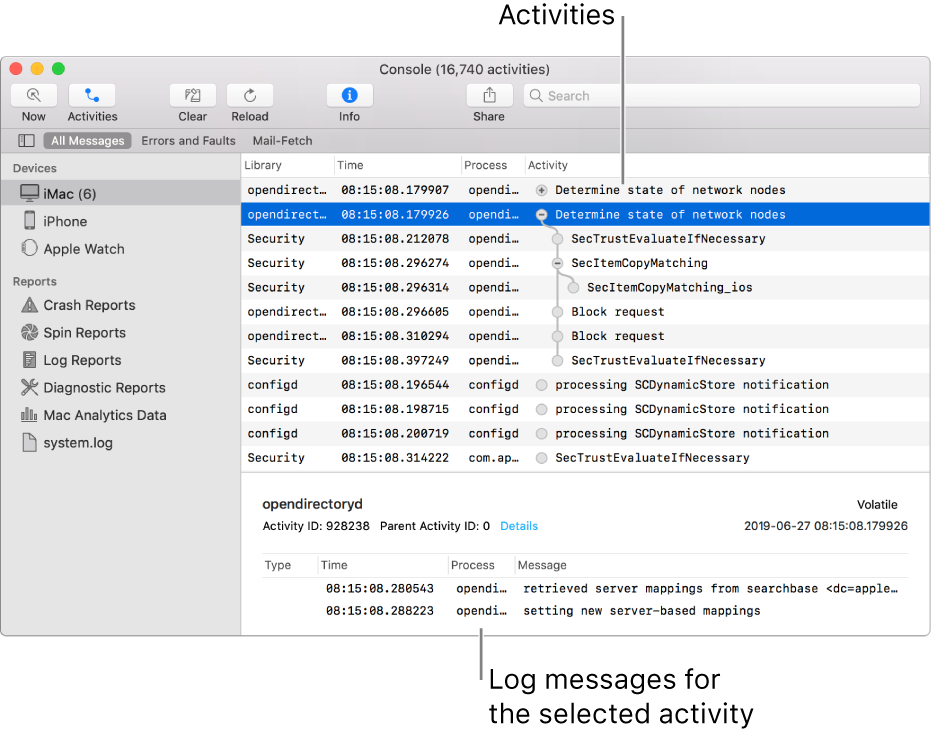 The Console window showing activities on the top and log messages for the selected activity on the bottom.