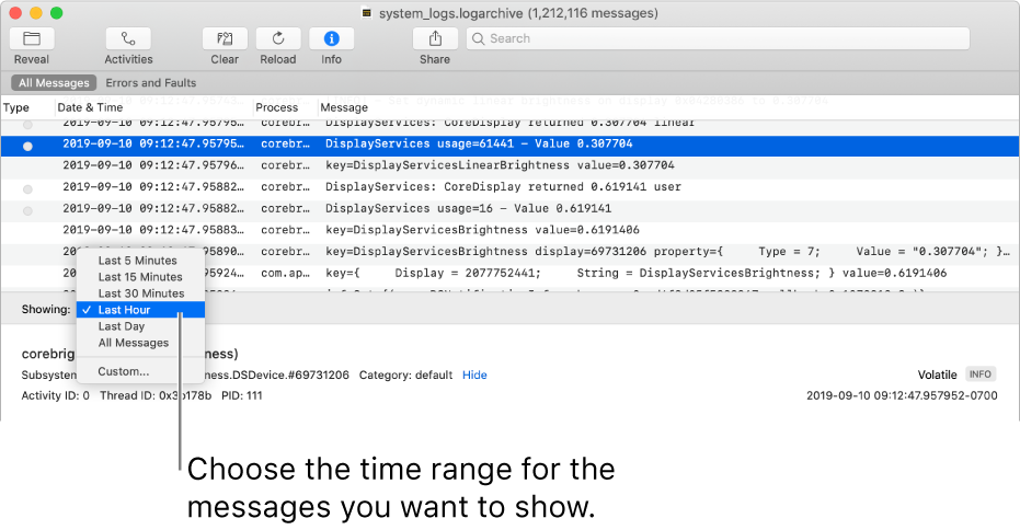 The Console window showing the log archive. Choose a time range from the Showing field in the lower-left part of the screen for the messages you want to show.
