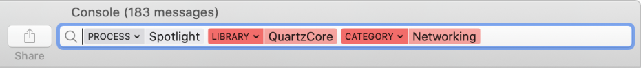 Search field in the Console window with the search criteria set to find messages from the Spotlight process, but not from the QuartzCore library or the Networking category.