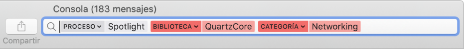 Campo de búsqueda en la ventana de Consola con criterios de búsqueda para buscar mensajes en los procesos de Spotlight, pero no en la biblioteca de QuartzCore o en la categoría Redes.