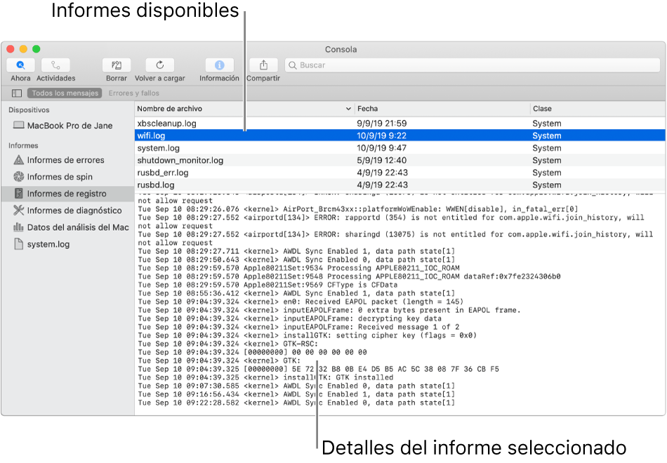 La ventana Consola con las categorías de informes en la barra lateral, informes en las secciones superior y derecha de la barra lateral, y detalles de informes en la parte inferior.