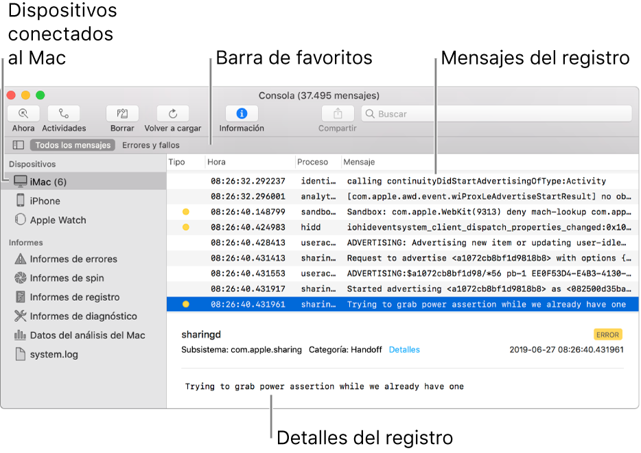 La ventana Consola con los dispositivos conectados al Mac a la izquierda, los mensajes de registro a la derecha y los detalles de registro abajo; también hay una barra de favoritos que muestra las búsquedas guardadas.
